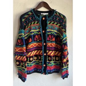 Vintage 90s RTR 3D Knit Button Up Cardigan Sweater S Novelty Maximalist Bold Art